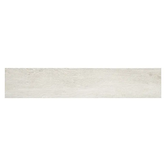 BHS Showroom Pavimento porcelánico Arhus - 120 x 23 cm, Blanco, Rectificado - Primer plano de una sola baldosa rectangular de madera clara con un sutil patrón de vetas, diseñada para uso interior.