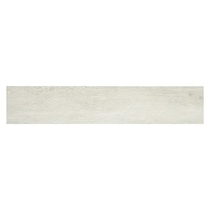 BHS Showroom Pavimento porcelánico Arhus - 120 x 23 cm, Blanco, Rectificado - Primer plano de una sola baldosa rectangular de madera clara con un sutil patrón de vetas, diseñada para uso interior.