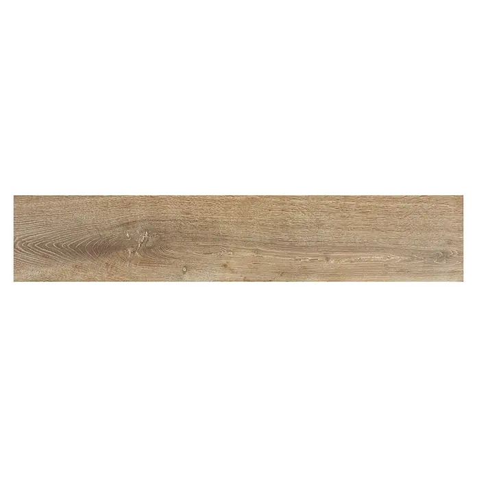BHS Showroom Pavimento porcelánico Arhus - 120 x 23 cm, Tabaco, Mate, Rectificado - Primer plano de una sola baldosa de madera oblonga con veta y tonos cálidos. Ideal para pisos o paredes.