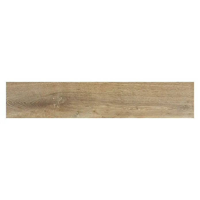BHS Showroom Pavimento porcelánico Arhus - 120 x 23 cm, Tabaco, Mate, Rectificado - Primer plano de una sola baldosa de madera oblonga con veta y tonos cálidos. Ideal para pisos o paredes.