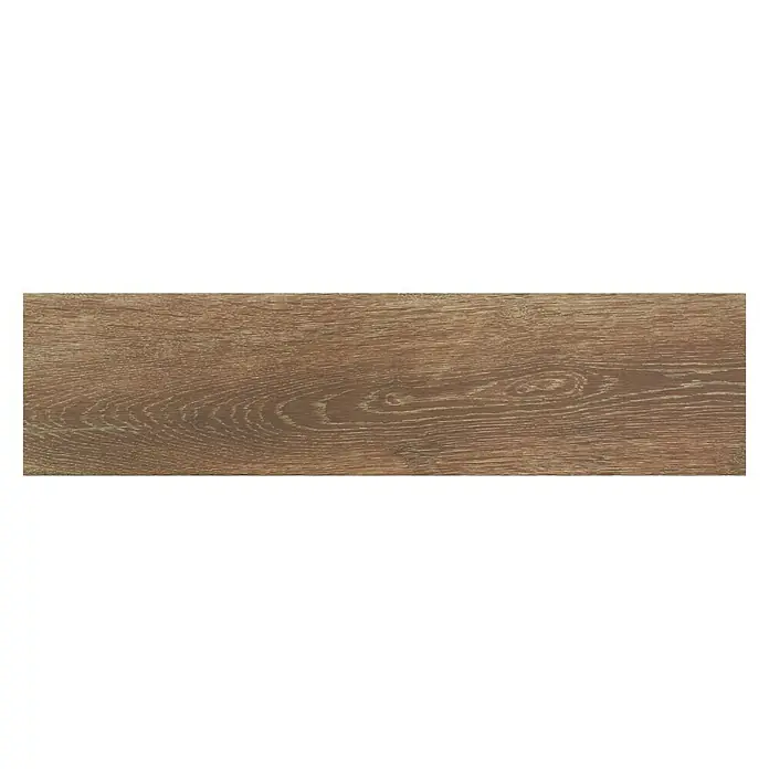 BHS Showroom Pavimento cerámico Sanford - 24 x 95 cm, Marrón - Primer plano de una sola baldosa de madera alargada que muestra un patrón de grano visible y atractivo en tonos marrones cálidos.