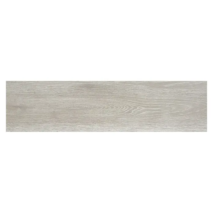 BHS Showroom Pavimento cerámico Sanford - 24 x 95 cm, Gris - Primer plano detallado de una sola baldosa de madera. El producto es gris claro y tiene una estructura de madera claramente visible.