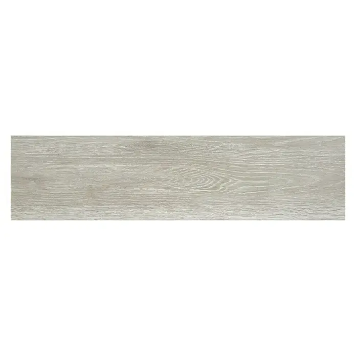 BHS Showroom Pavimento cerámico Sanford - 24 x 95 cm, Gris - Primer plano detallado de una sola baldosa de madera. El producto es gris claro y tiene una estructura de madera claramente visible.