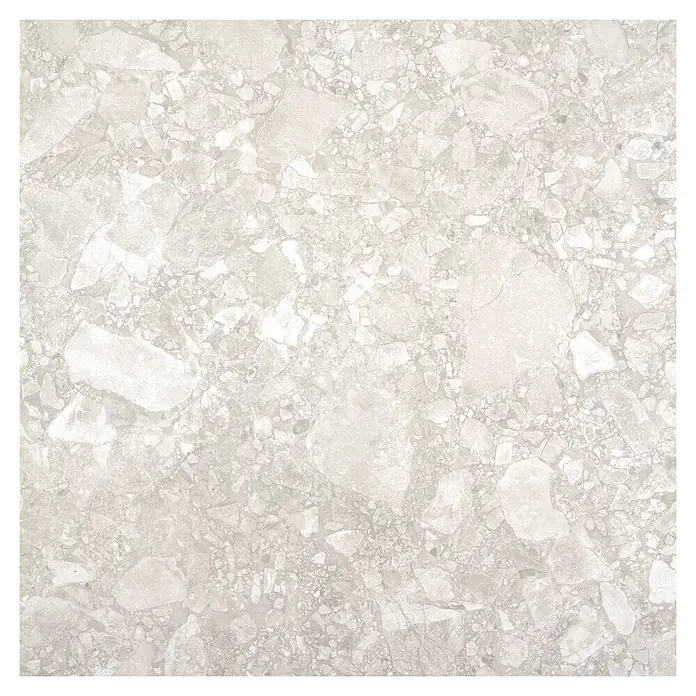 BHS Showroom Pavimento porcelánico Ceppo - 60 x 60 cm, Gris claro, Rectificado - Primer plano de una baldosa de terrazo gris claro con patrones y texturas irregulares, ideal para interiores modernos.
