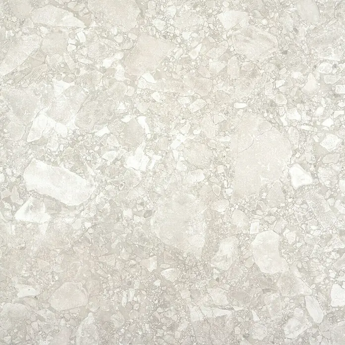 BHS Showroom Pavimento porcelánico Ceppo - 60 x 60 cm, Gris claro, Rectificado - Primer plano de una baldosa de terrazo gris claro con patrones y texturas irregulares, ideal para interiores modernos.