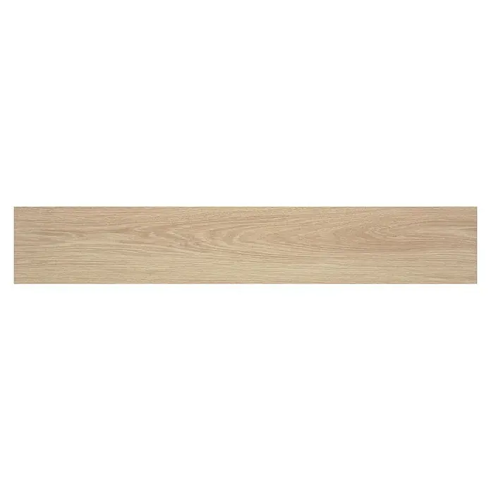 BHS Showroom Pavimento porcelánico Ninsba - 90 x 15 cm, Beige, Rectificado - Primer plano de una sola pieza rectangular de madera clara, que muestra un patrón de vetas y una textura naturales.