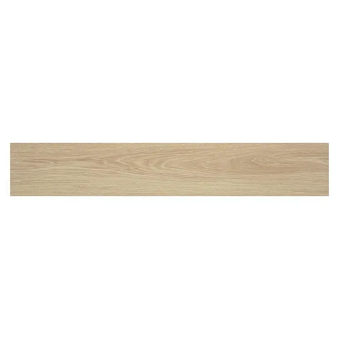 BHS Showroom Pavimento porcelánico Ninsba - 90 x 15 cm, Beige, Rectificado - Primer plano de una sola pieza rectangular de madera clara, que muestra un patrón de vetas y una textura naturales.