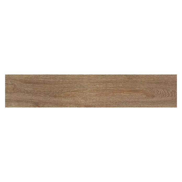 BHS Showroom Pavimento porcelánico Sanford Soft - 120 x 23 cm, Marrón, Rectificado - Primer plano de una sola baldosa alargada con aspecto de madera que muestra patrones de grano y tonos marrones cálidos. Ideal para suelos y paredes.