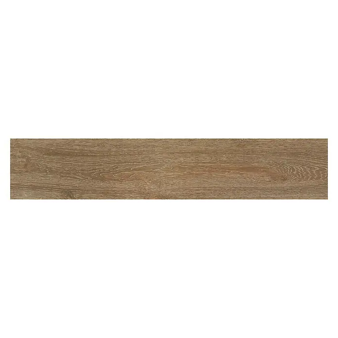 BHS Showroom Pavimento porcelánico Sanford Soft - 120 x 23 cm, Marrón, Rectificado - Primer plano de una sola baldosa alargada con aspecto de madera que muestra patrones de grano y tonos marrones cálidos. Ideal para suelos y paredes.