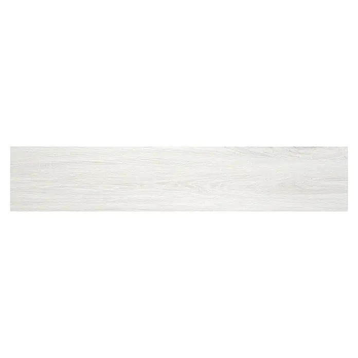 BHS Showroom Pavimento porcelánico Ninsba - 120 x 23 cm, Blanco, Rectificado - Primer plano de un azulejo largo blanco con aspecto de madera con un sutil patrón de vetas, ideal para interiores modernos.