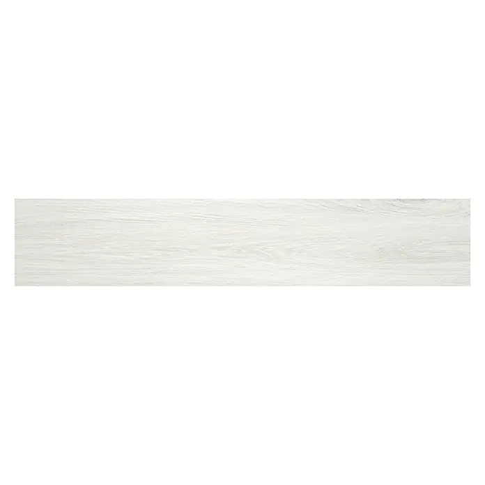 BHS Showroom Pavimento porcelánico Ninsba - 120 x 23 cm, Blanco, Rectificado - Primer plano de un azulejo largo blanco con aspecto de madera con un sutil patrón de vetas, ideal para interiores modernos.