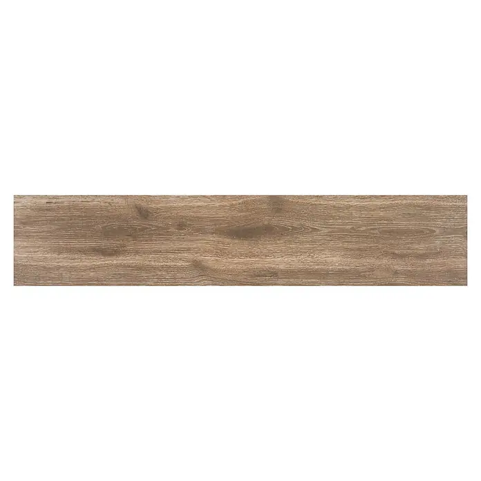 BHS Showroom Pavimento porcelánico Sanford Soft - 150 x 30 cm, Marrón, Rectificado - La imagen muestra una sola lama de madera clara con un patrón de grano distintivo. Ideal para pisos o revestimientos con un aspecto natural.