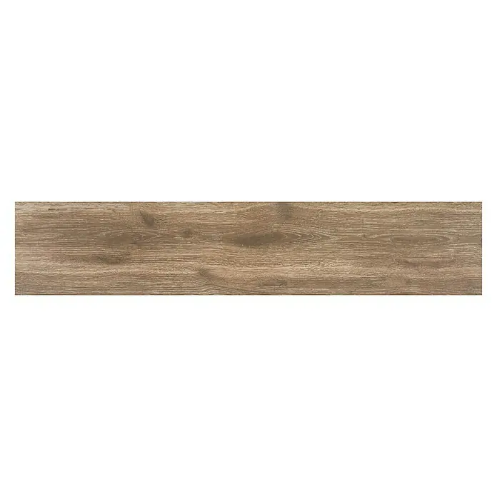 BHS Showroom Pavimento porcelánico Sanford Soft - 150 x 30 cm, Marrón, Rectificado - La imagen muestra una sola lama de madera clara con un patrón de grano distintivo. Ideal para pisos o revestimientos con un aspecto natural.
