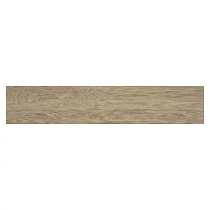 BHS Showroom Pavimento porcelánico Ninsba - 120 x 23 cm, Camel, Rectificado - Baldosa de madera clara con vetas, ideal para diseño moderno. La baldosa ofrece un aspecto natural y es fácil de mantener.