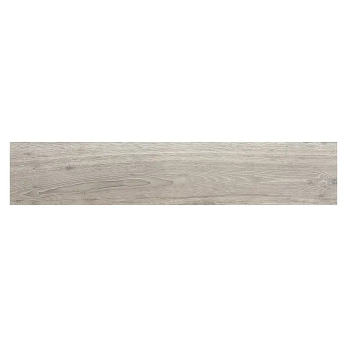 BHS Showroom Pavimento porcelánico Arhus - 120 x 23 cm, Gris, Rectificado - Vista detallada de una baldosa de madera gris alargada con grano fino, perfecta para suelos o paredes modernas.\n