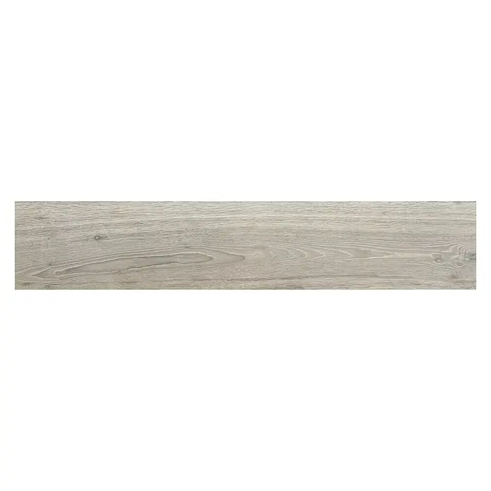BHS Showroom Pavimento porcelánico Arhus - 120 x 23 cm, Gris, Rectificado - Vista detallada de una baldosa de madera gris alargada con grano fino, perfecta para suelos o paredes modernas.\n