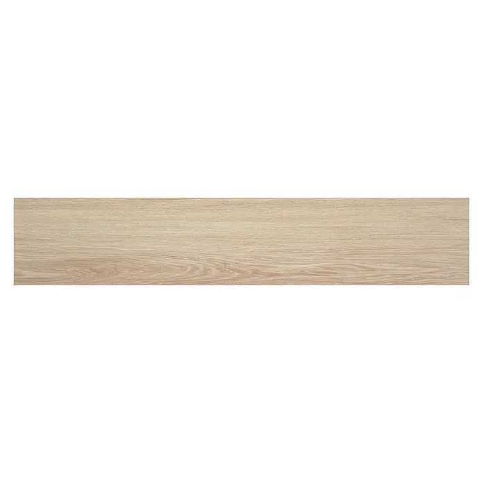 BHS Showroom Pavimento porcelánico Ninsba - 120 x 23 cm, Beige, Rectificado - Una baldosa de cerámica alargada y clara con un patrón de vetas de madera, ideal para pisos o revestimientos de paredes, creando un ambiente cálido.