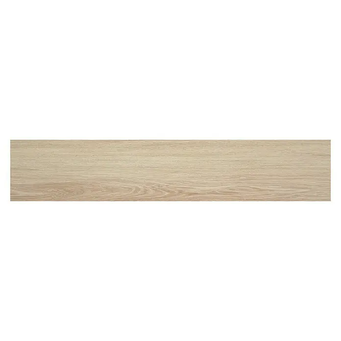BHS Showroom Pavimento porcelánico Ninsba - 120 x 23 cm, Beige, Rectificado - Una baldosa de cerámica alargada y clara con un patrón de vetas de madera, ideal para pisos o revestimientos de paredes, creando un ambiente cálido.