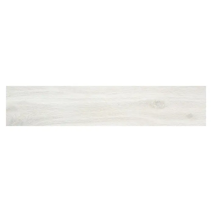 BHS Showroom Pavimento porcelánico Sanford Soft - 150 x 30 cm, Blanco, Rectificado - Primer plano de una sola baldosa de tablón de madera blanca que muestra sutiles patrones de vetas y nudos, ideal para interiores modernos.