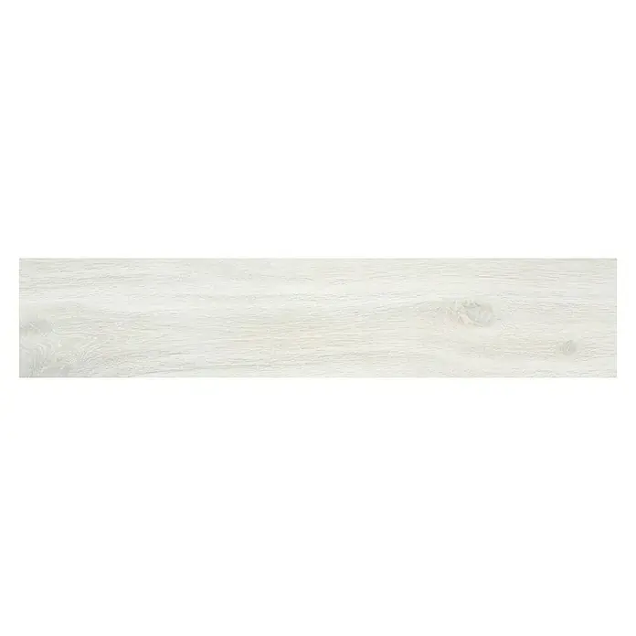 BHS Showroom Pavimento porcelánico Sanford Soft - 150 x 30 cm, Blanco, Rectificado - Primer plano de una sola baldosa de tablón de madera blanca que muestra sutiles patrones de vetas y nudos, ideal para interiores modernos.