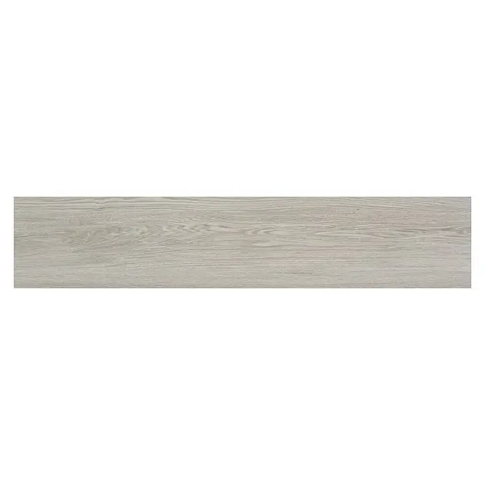 BHS Showroom Pavimento porcelánico Ninsba - 150 x 30 cm, Gris, Rectificado - Una sola tabla de madera gris con un sutil patrón de vetas. Perfecto para suelos o revestimientos de paredes.