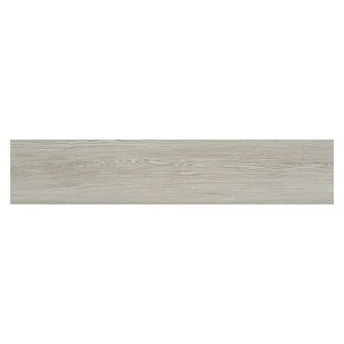 BHS Showroom Pavimento porcelánico Ninsba - 150 x 30 cm, Gris, Rectificado - Una sola tabla de madera gris con un sutil patrón de vetas. Perfecto para suelos o revestimientos de paredes.