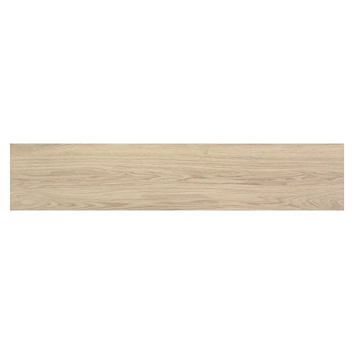 BHS Showroom Pavimento porcelánico Ninsba - 150 x 30 cm, Beige, Rectificado - Imagen de una chapa de madera con tonos claros y patrones de vetas naturales, ideal para muebles e interiorismo.