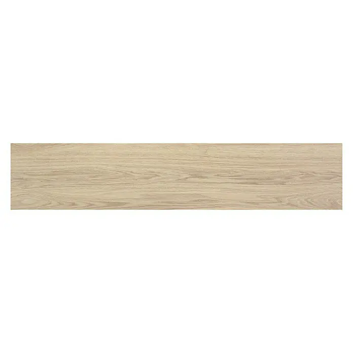 BHS Showroom Pavimento porcelánico Ninsba - 150 x 30 cm, Beige, Rectificado - Imagen de una chapa de madera con tonos claros y patrones de vetas naturales, ideal para muebles e interiorismo.