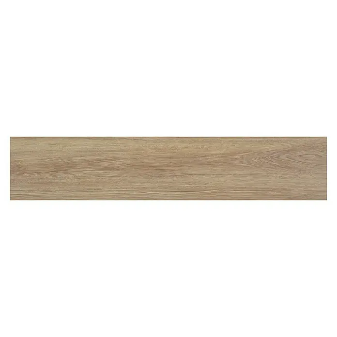 BHS Showroom Pavimento porcelánico Ninsba - 150 x 30 cm, Camel, Rectificado - Baldosa imitación madera en tono cálido. La baldosa tiene un patrón de vetas de madera distintivo y un acabado mate, ideal para espacios modernos.