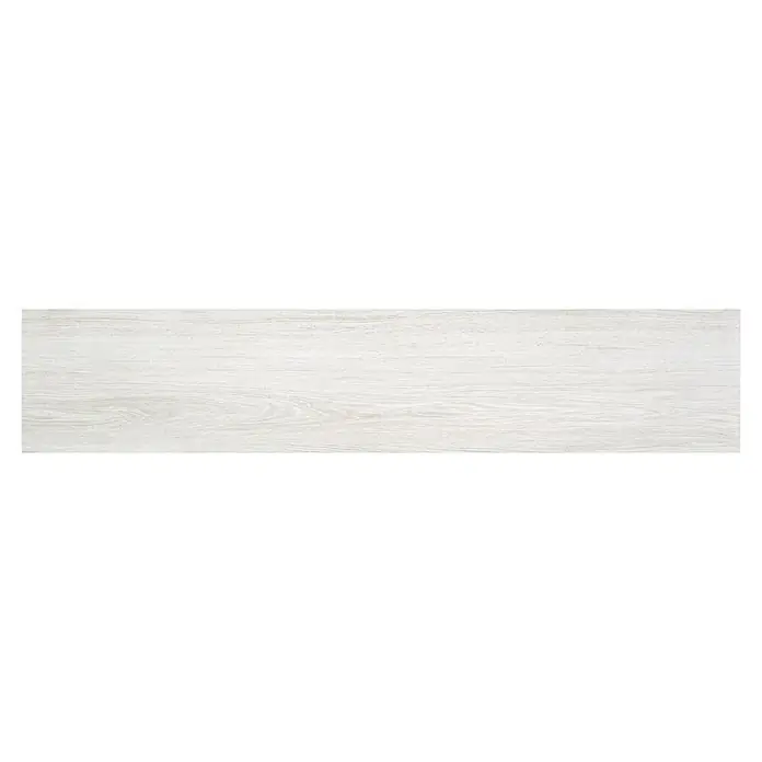 BHS Showroom Pavimento porcelánico Ninsba - 150 x 30 cm, Blanco, Rectificado - Una toma de una baldosa de madera blanca alargada con sutiles patrones de vetas, ideal para un diseño interior moderno.