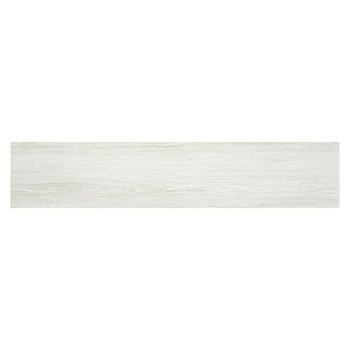 BHS Showroom Pavimento porcelánico Ninsba - 150 x 30 cm, Blanco, Rectificado - Una toma de una baldosa de madera blanca alargada con sutiles patrones de vetas, ideal para un diseño interior moderno.