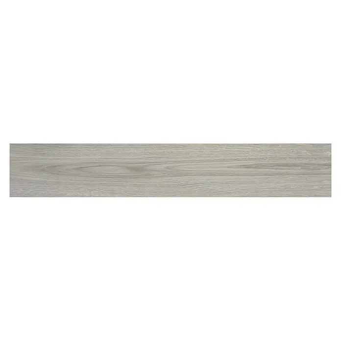 BHS Showroom Pavimento porcelánico Ninsba - 90 x 15 cm, Gris, Rectificado - Se muestra un solo panel de baldosa de porcelana con aspecto de madera en un tono claro con detalle de grano. Esta baldosa es ideal para revestimientos de pisos o paredes elegantes.