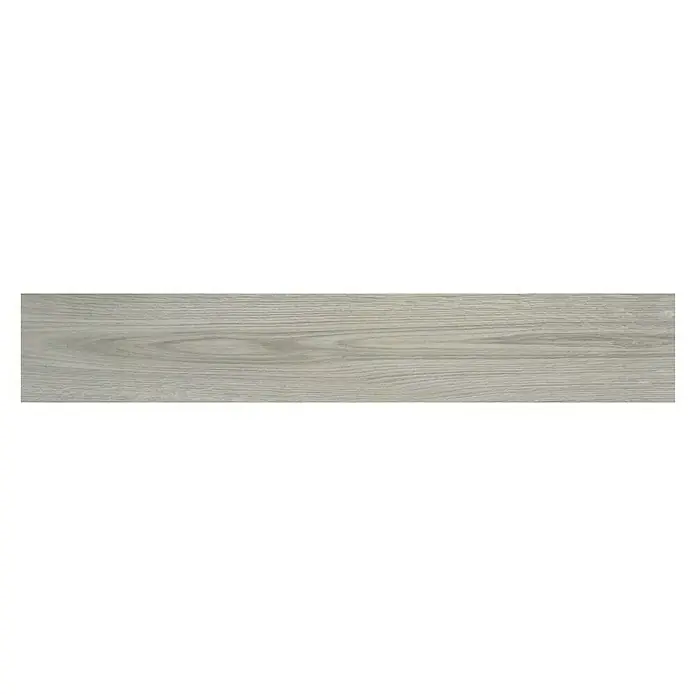 BHS Showroom Pavimento porcelánico Ninsba - 90 x 15 cm, Gris, Rectificado - Se muestra un solo panel de baldosa de porcelana con aspecto de madera en un tono claro con detalle de grano. Esta baldosa es ideal para revestimientos de pisos o paredes elegantes.