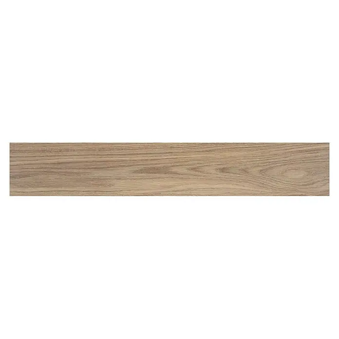 BHS Showroom Pavimento porcelánico Ninsba - 90 x 15 cm, Camel, Rectificado - Vista detallada de una baldosa de madera clara con vetas visibles. Ideal para interiores modernos y pavimentos resistentes.
