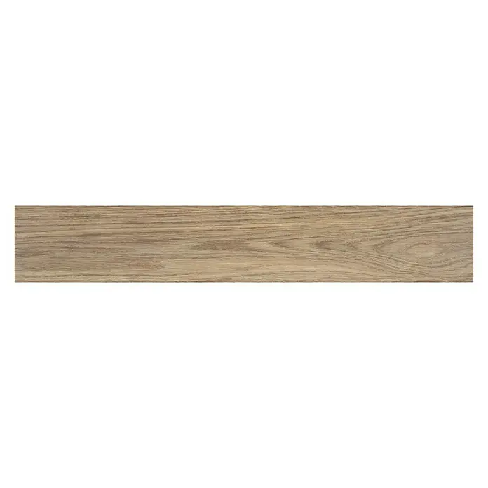 BHS Showroom Pavimento porcelánico Ninsba - 90 x 15 cm, Camel, Rectificado - Vista detallada de una baldosa de madera clara con vetas visibles. Ideal para interiores modernos y pavimentos resistentes.