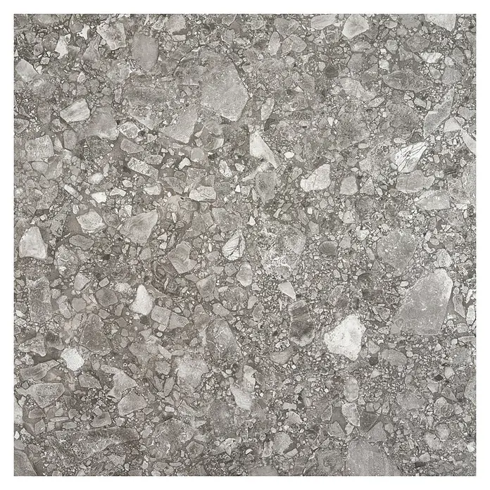 BHS Showroom Pavimento porcelánico Ceppo - 60 x 60 cm, Gris oscuro, Rectificado - Primer plano de una baldosa de terrazo gris con fragmentos de piedra irregulares, ideal para un diseño de suelo moderno.