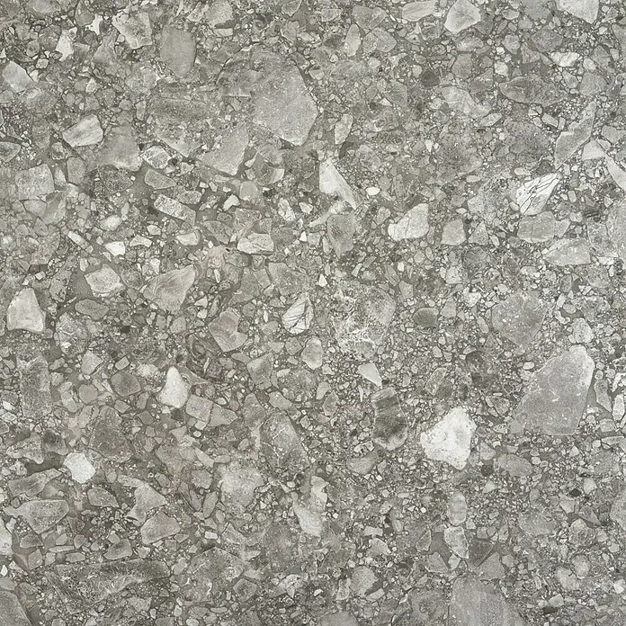 BHS Showroom Pavimento porcelánico Ceppo - 60 x 60 cm, Gris oscuro, Rectificado - Primer plano de una baldosa de terrazo gris con fragmentos de piedra irregulares, ideal para un diseño de suelo moderno.