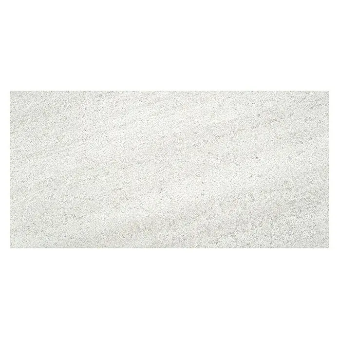 BHS Showroom Pavimento porcelánico Carleen - 75 x 37 cm, Blanco, Rectificado - Una baldosa de gres rectangular de color claro con una textura moteada, ideal para diseños modernos de suelo o pared.