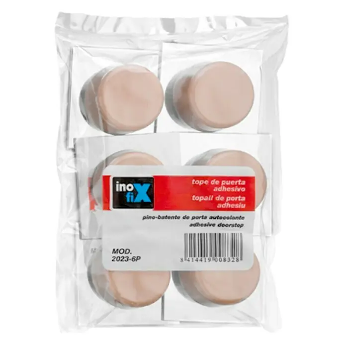 Inofix Tope de puerta 2023 6 uds. - Plástico, Beige - Imagen de un paquete de topes para puertas Ino-Fix, que proporciona una solución práctica para proteger las paredes de los portazos.