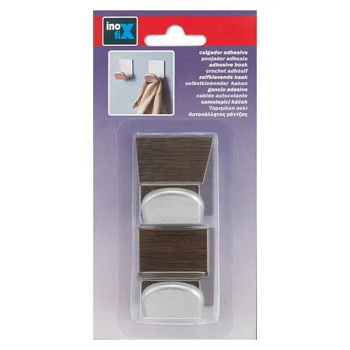 Inofix Colgador adhesivo 2078 - Acero inoxidable, Marrón, 2 ud., Cuadrado - Paquete de ganchos adhesivos con decoración de madera y detalles plateados para fácil montaje en pared sin taladrar.