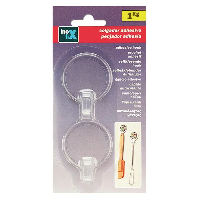 Inofix Colgador adhesivo 2170 - Transparente, 2 ud. - Imagen de un paquete con un colgador adhesivo Inoxfi, capaz de sujetar hasta 1 kg, ideal para organizar objetos.