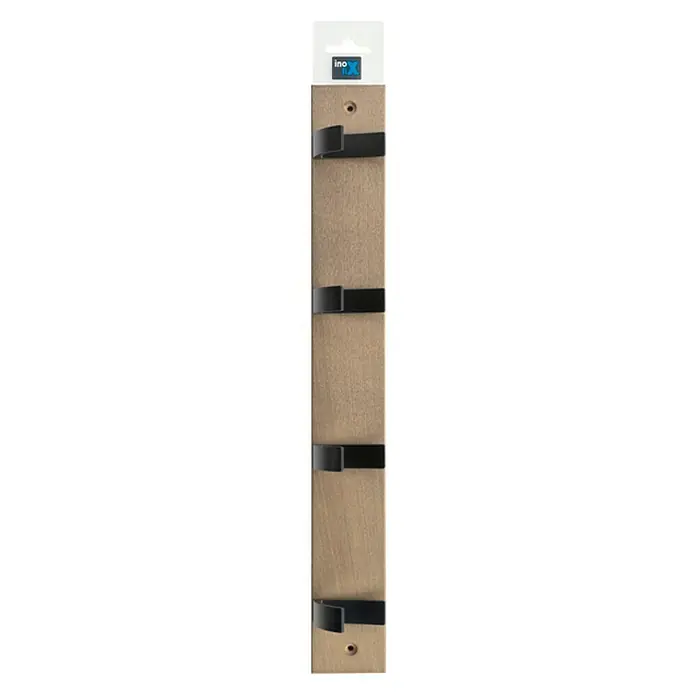 Inofix Perchero 3704 - L x An x Al: 490 x 60 x 60 mm, Madera, Roble/Negro - Perchero de madera con cuatro ganchos negros para colgar chaquetas o abrigos. El perchero está diseñado para montaje en pared.