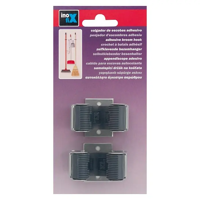 Inofix Colgador adhesivo 2055-7 - Acero, Cromo - Colgador adhesivo para escoba Inofix, perfecto para guardar escobas y otras herramientas domésticas de manera ordenada.