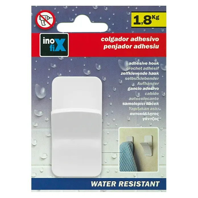 Inofix Colgador adhesivo 2191 - L x An x Al: 30 x 25 x 60 mm, Plástico, Blanco - Imagen de un paquete de ganchos adhesivos Ino-Fix resistentes al agua, que aguantan hasta 1,8 kg.
