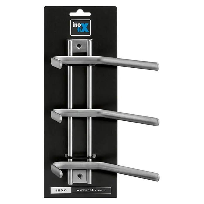 Inofix Perchero 3718 - L x An x Al: 220 x 150 x 68 mm, Acero inoxidable, Plateado - Soporte InoFix con tres brazos de acero inoxidable para montaje en pared. El soporte se muestra en una tarjeta negra.