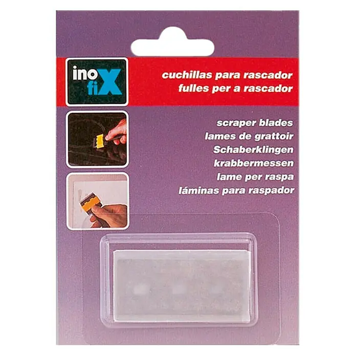 Inofix Juego de cuchillas de repuesto - 5 ud. - Imagen de un paquete de cuchillas rascadoras Inoxfix, con etiquetado multilingüe y una vista clara de las cuchillas en la parte inferior.