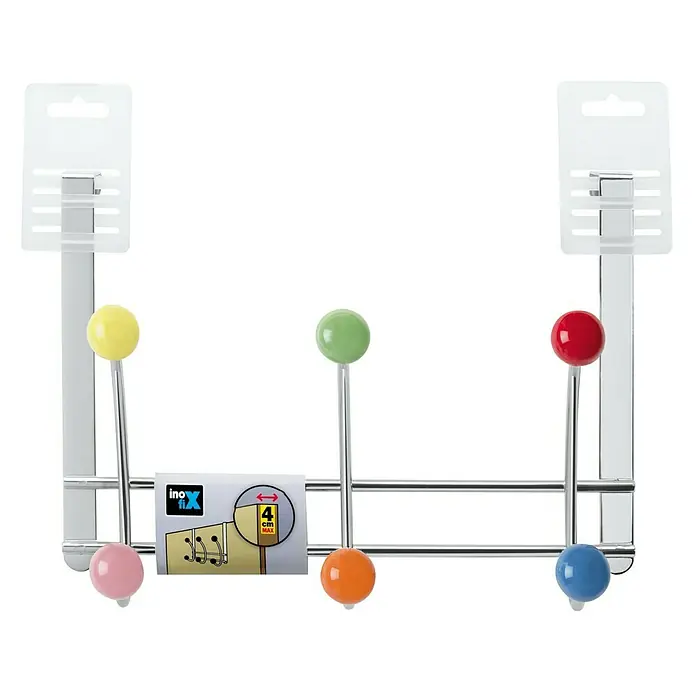 Inofix Perchero 3720 - L x An x Al: 270 x 197 x 110 mm, Acero, Multicolor - Perchero de puerta colorido con seis ganchos. El perchero es de metal y tiene bolas de diferentes colores.