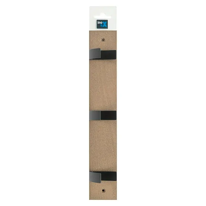 Inofix Perchero 3703 - L x An x Al: 360 x 60 x 60 mm, Madera, Roble/Negro - Toallero Inox con tres soportes negros sobre una tira de madera para baño y cocina.