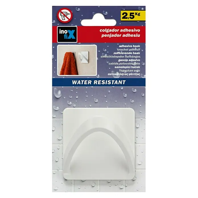 Inofix Colgador adhesivo 2190 - L x An x Al: 65 x 45 x 65 mm, Plástico, Blanco - Imagen de un colgador adhesivo resistente al agua para una fácil instalación en la pared, ideal para baño o cocina.