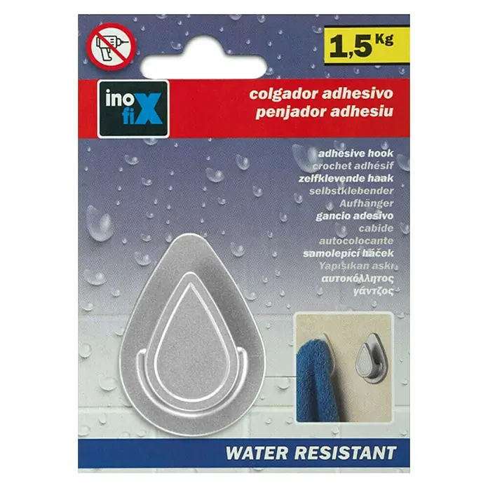 Inofix Colgador adhesivo 2193-7 - Plateado - La imagen muestra un paquete Ino X Fix con un colgador adhesivo resistente al agua, con capacidad de 1,5 kg.